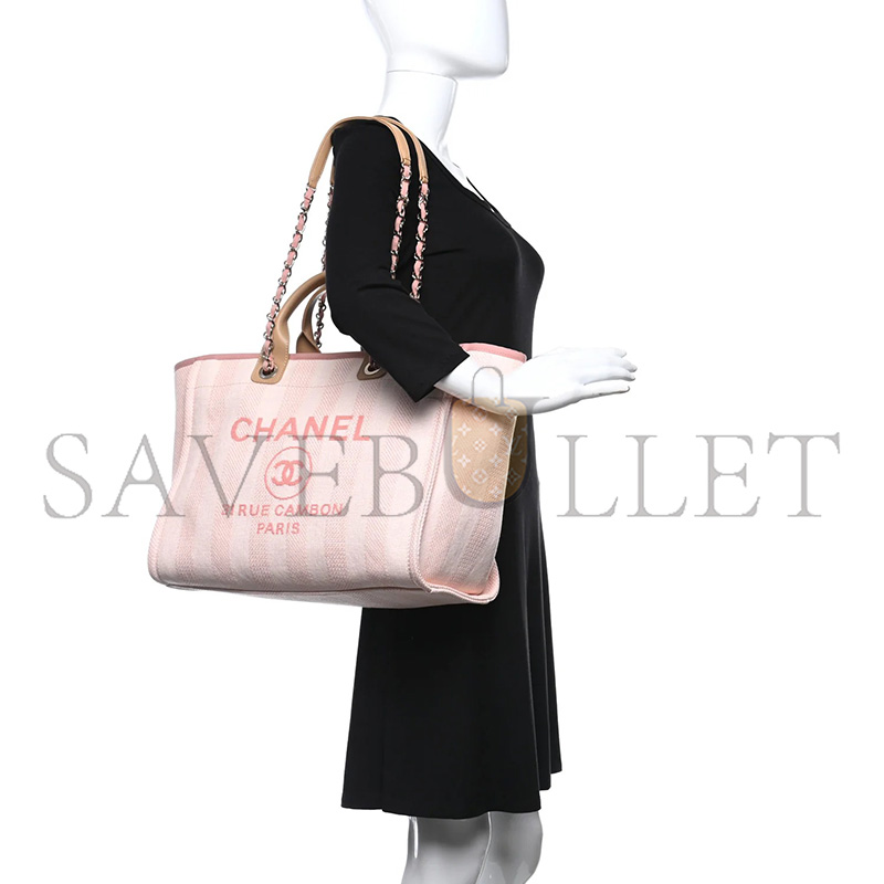 Ch**el MIXED FIBERS CALFSKIN STRIPED MEDIUM DEAUVILLE TOTE LIGHT PINK (39*30*22cm)